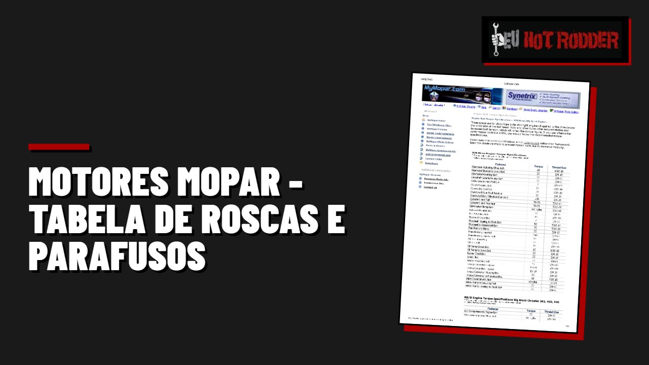 MOTORES MOPAR - Tabela de roscas e parafusos